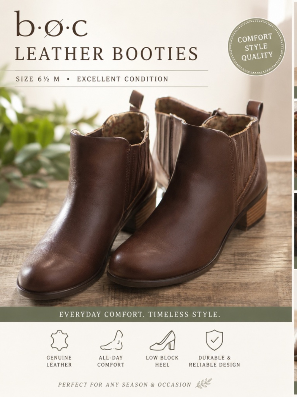 b.o.c. Brown Leather Chelsea Ankle Booties Size 6.5 M Excellent Condition
